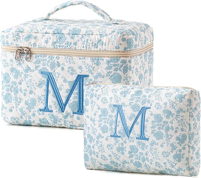 HBselect 2Pcs Initial Quilted Cotton Large Travel Cute Floral Coquette Makeup Bag Cosmetic Toiletry Bag for Women Girls
