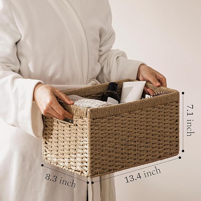 UBBCARE 2 Pack Wicker Basket, 13.4L×8.3H×7.1W inch Woven Paper Rope Storage Baskets for shelves, Foldable Rectangular Storage Baskets with Handle, Storage Basket for Organizing, Natural