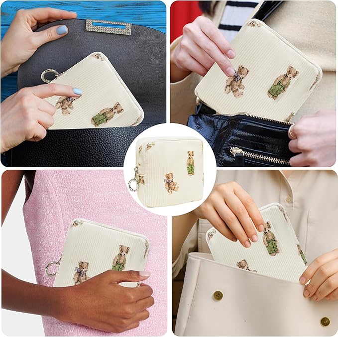 Period Bag for Girls, Corduroy Sanitary Napkin Storage Bag, Period Pouch & Tampon Holder, Feminine Care Organizer（Cute Bear）