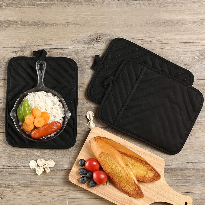 Oven Pot Holder with Pocket Cotton Heat Resistant Coaster Potholder Kitchen Hot Pad Oven Mitts for Cooking Square 7"x9" Set of 3 (Black)