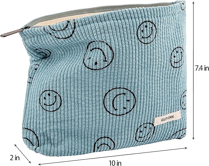 GUTGNK Makeup bag for Women, Corduroy Cosmetic Bag Aesthetic Design Ladies Tote Bag,Cute Smiley Face Makeup Organizer with Zipper - Blue