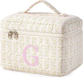 HBselect Initial Quilted Makeup Bag, Pink Cosmetic Travel Toiletry Bag, Flowers Coquette Zipper Make Up Pouch Organizer Teen Girl Gift Trendy Stuff G