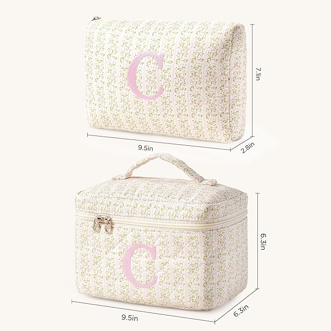 HBselect 2Pcs Initial Quilted Makeup Bag, Pink Cosmetic Travel Toiletry Bag, Flowers Coquette Zipper Make Up Pouch Organizer Teen Girl Gift Trendy Stuff C