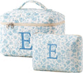HBselect 2pcs Initial Quilted Cotton Large Travel Cute Floral Coquette Makeup Cosmetic Toiletry Bag for Women Girls