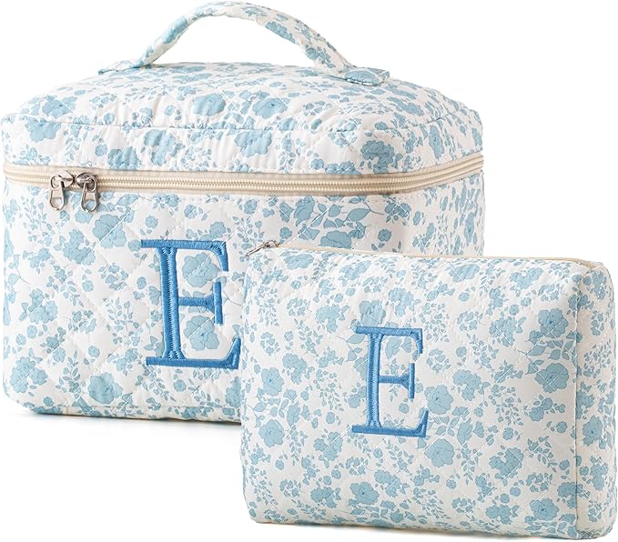 HBselect 2pcs Initial Quilted Cotton Large Travel Cute Floral Coquette Makeup Cosmetic Toiletry Bag for Women Girls
