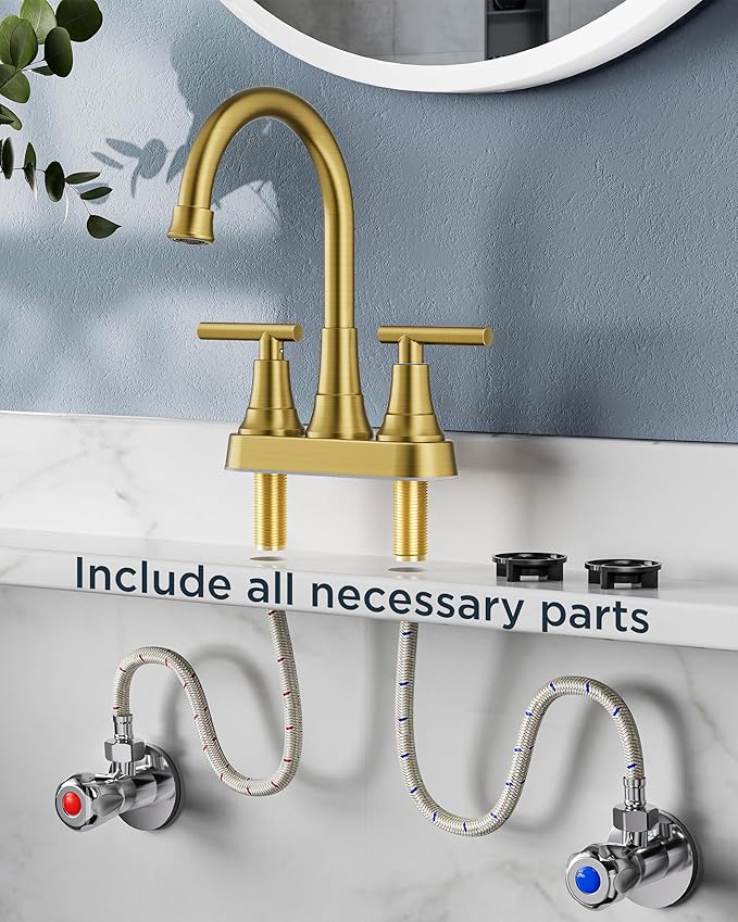 FORIOUS Brushed Gold Centerset Bathroom Faucets for Sink 2 or 3 Hole, 4 Inch Bathroom Sink Faucet with Pop up Drain and Lead-Free cUPC Hose, 360° spout, Two Handles for Restroom,Vanity, RV Remodel