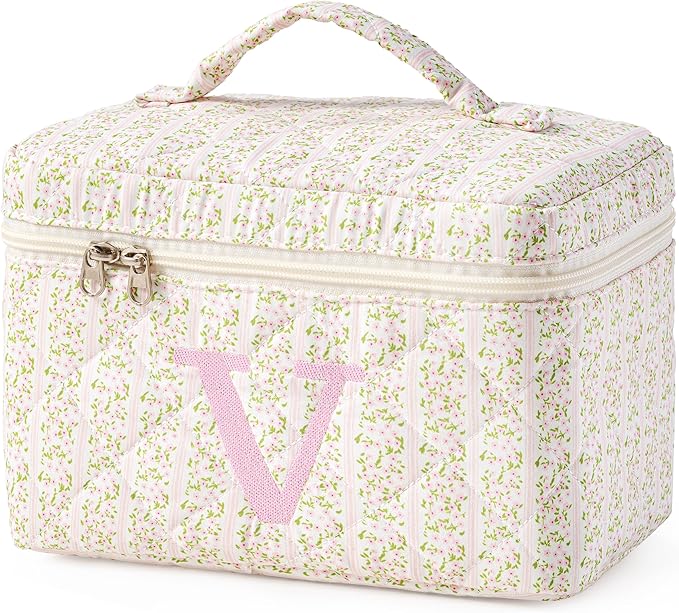 HBselect Initial Quilted Makeup Bag, Pink Cosmetic Travel Toiletry Bag, Flowers Coquette Zipper Make Up Pouch Organizer Teen Girl Gift Trendy Stuff V