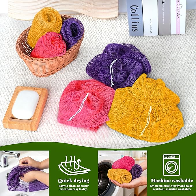 African Net Sponge Authentic, 3 Pieces Exfoliating Scrubber Bath Sponge for All Skin Types, Back Scrubber Loofah Washcloth for Shower, Gentle Exfoliation (Pink,Purple,Golden)
