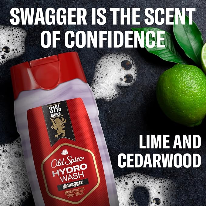 Old Spice Moisturizing Body Wash for Men, Hydro Wash, 2-in-1 Long Lasting Scent & Deep Hydration, 24/7 Shower Fresh, Swagger Scent, 21 oz (Pack of 2)
