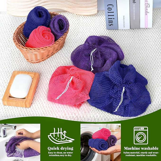 African Net Sponge Authentic, 3 Pieces Exfoliating Scrubber Bath Sponge for All Skin Types, Back Scrubber Loofah Washcloth for Shower, Gentle Exfoliation (Pink,Purple,Dark Blue)