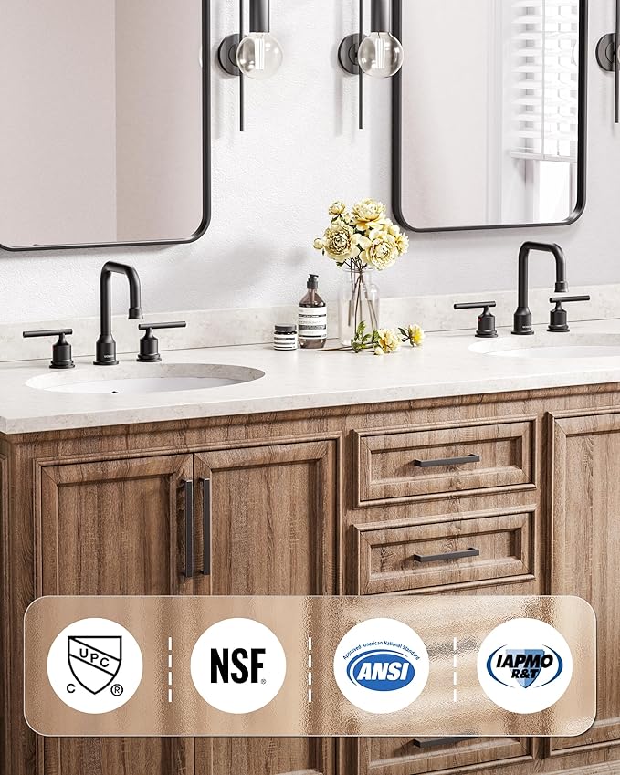 Black Bathroom Faucet 3 Holes, WOWOW Widepread Bathroom Sink Faucets 2 Handle, 8 Inch Vanity Tap with Drain and Supply liness Moddern