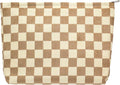 PAZIMIIK Makeup Bag Large Zipper Corduroy Make Up Pouch for Purse Travel Canvas Cosmetic Organizer for Women Brush Storage,Checkered Light Brown