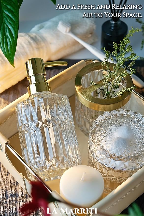 Glass Bathroom Accessories Set, 5pcs Crystal Clear Bathroom Set Accessories, Soap Dispenser, Toothbrush Holder Set, Soap Dish, Tumbler, Qtips Holder for Vintage Bathroom Decor, Gift Set