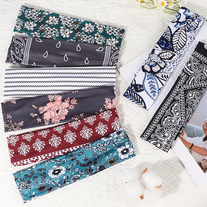 8 Pack Headbands for Women Non Slip - Stylish Sports Hair Bands for Women's Hair - Soft Cotton Cloth Stretchy Headbands for Women for Yoga, Outdoor Exercise Running