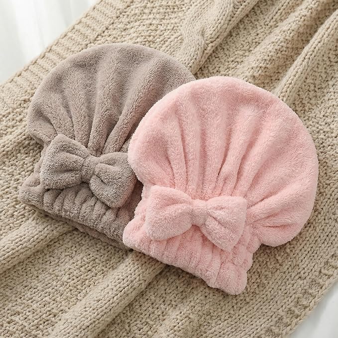 Microfiber Hair Towel Wrap for Women with Bow, Super Absorbent Quick Drying Hair Turban, Anti Frizz Hair Drying Cap for Curly Thick Frizzy Hair, Lightweight Towel for After Shower (Pink+ Coffee)