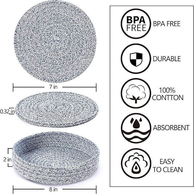 Coga Trivets for Hot Dishes, Trivets for Hot Pots and Pans, 7 Inchs Hot Pads 5 Pcs and Storage Basket for Countertops, Pot Holders for Kitchen, Cotton Table Protector Hot Mats Heat Resistant (Blue)