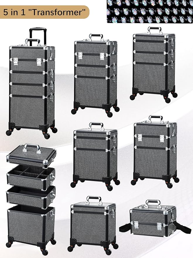 Costravio 5 in 1 Rolling Makeup Case on Wheels Large Cosmetology Case Organizer Beauty Cosmetic Train Case Travel Nail Cart for Make-up Studio Hair Salon, Black Rhinestone