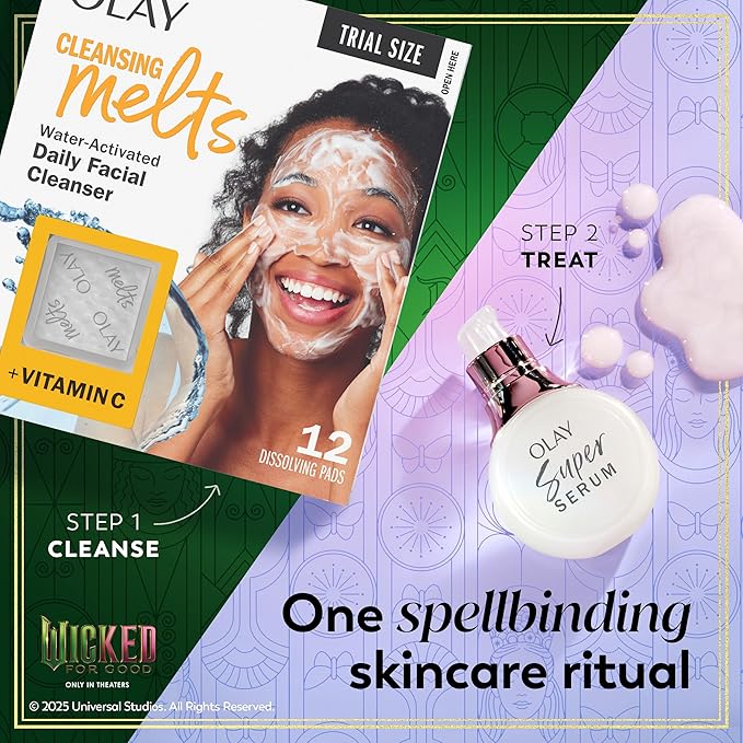 Olay x Wicked: For Good: Perfect Duo Skin Care Set, Skin Care Gift Set, 2pc, Vitamin C Cleansing Melts 12 Count, Super Serum Trial Size 0.4 FL OZ