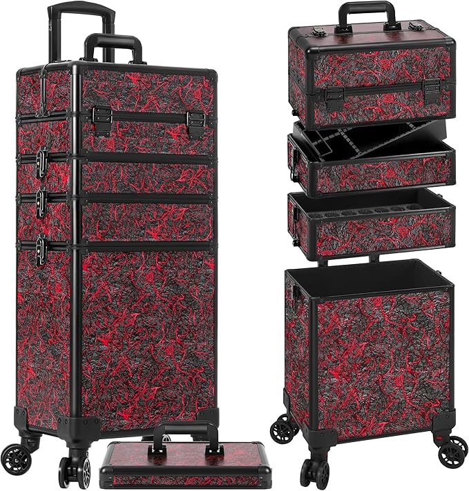 Profesional Rolling Makeup Train Case with Lid, 5 in 1 Cosmetology Case on Wheels, Large Cosmetic Trolley Organizer Travel for Hairstylist Artist Nail Beauty Salon Barber, Red