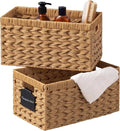UBBCARE Storage Baskets with Label, Wicker Pantry Baskets for Shelves, Waterproof Woven Basket for Organizing, 2-Pack Plastic Rectangle Organizers with Handles,Natural (13.4L×8.3H×7.1W)