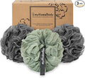 myHomeBody Large 70g Loofah Sponge, Bath Body Scrubber for Women, Men, Exfoliating Shower Pouf with Activated Charcoal - 2 Graphite Gray + 1 Sage Green, 3 Pack