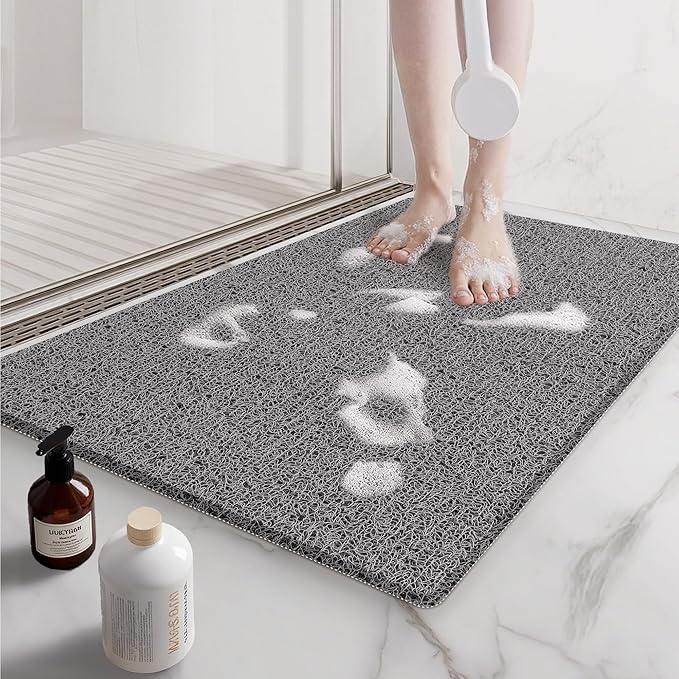 Non Slip Shower Mats for Inside Shower, 17x30 Inch, Anti-Slip Bathtub Mats for Bathroom, Foot Scrubber Loofah Bath Mats for Shower, Quick Drying Shower Stall Mats for Wet Areas (Grey)