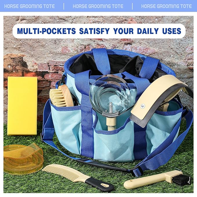 Abbylike Grooming Tote Bag for Horses and Dogs Organize Tack Tools Equestrian Grooming Kit Care Portable with Multiple Pockets for Supplies(Stylish,10.63 x 10.63 x 9.45 Inch,Blue)