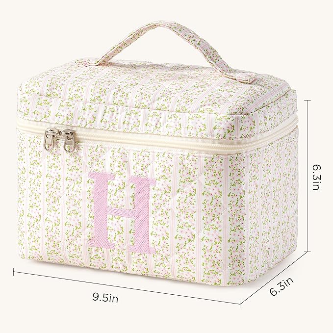 HBselect Initial Quilted Makeup Bag, Pink Cosmetic Travel Toiletry Bag, Flowers Coquette Zipper Make Up Pouch Organizer Teen Girl Gift Trendy Stuff H