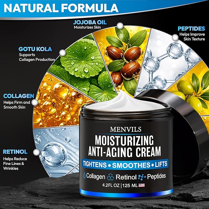 Mens Face Moisturizer Cream - Anti Aging & Wrinkle Repair - After Shave Lotion for Men with Collagen, Retinol, Peptides, Jojoba Oil - Age Facial Skin Care - Lightweight Day & Night Cream - 4.2 OZ