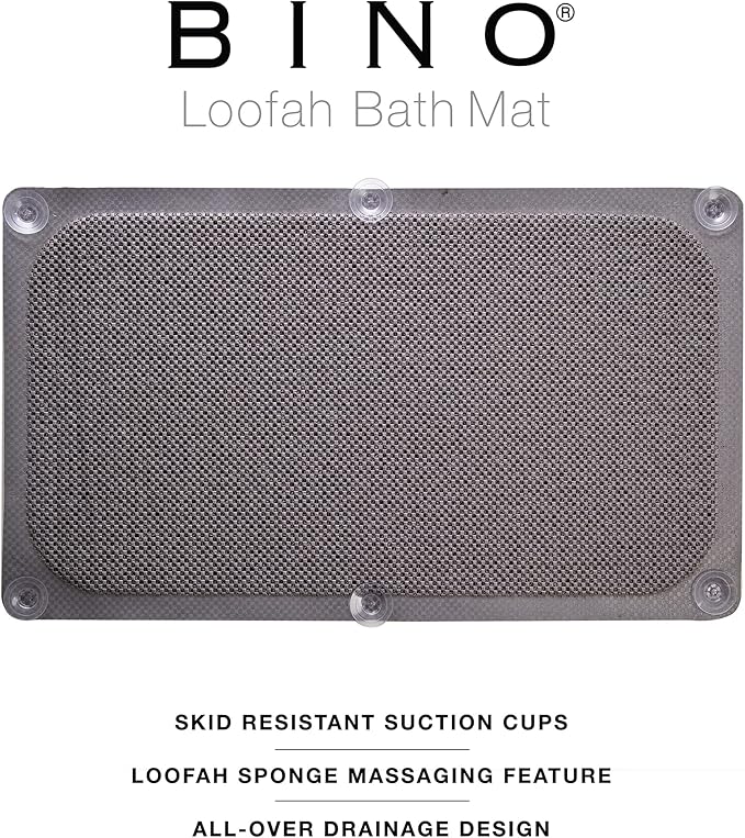 BINO | Loofah Non-Slip Bath Mat for Tub - Grey | Spa-Inspired Comfort, Quick-Drying, Secure Suction Cups | Exfoliating Shower Mat for a Luxurious and Safe Bathing Experience
