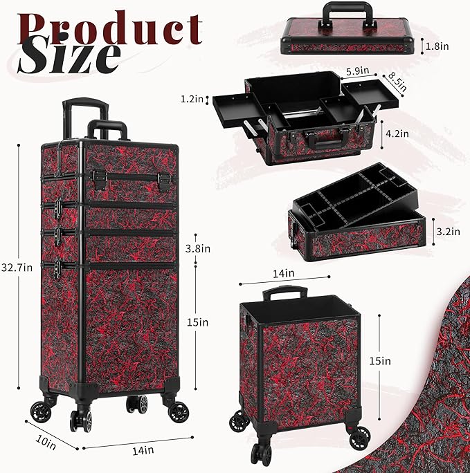 Profesional Rolling Makeup Train Case with Lid, 5 in 1 Cosmetology Case on Wheels, Large Cosmetic Trolley Organizer Travel for Hairstylist Artist Nail Beauty Salon Barber, Red