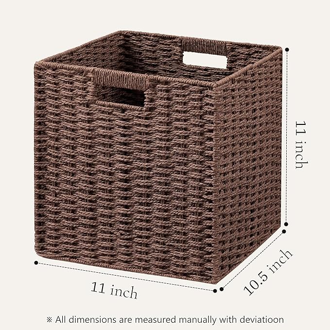 UBBCARE 2 Pack Wicker Basket, 11L×11H×10.5W inch Woven Paper Rope Storage Baskets for shelves, Foldable Cube Storage bin with Handle, Storage Basket for Organizing (Dark Brown, Cube-2pack 11")