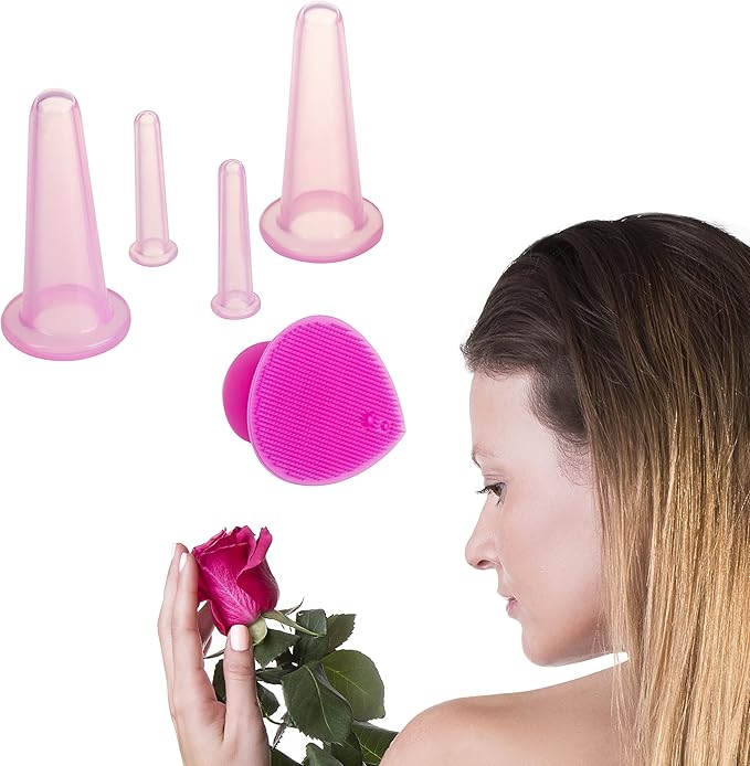 Cupping Therapy Sets - Face Cupping Set - Double Chin Reducer - Facial Cupping System - Silicone Massage Cups - Cupping for Cellulite Kit - Ideal to Shape Your Cheeks and Chin - by Sandine (Pink)