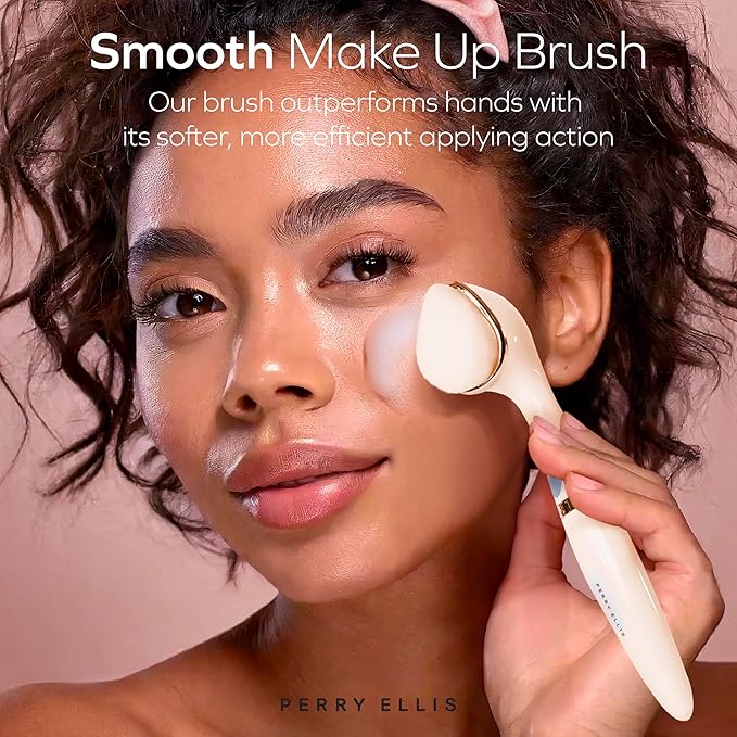 Perry Ellis 3-in-1 Silicone Face Wash Brush with Makeup Applicator & Metallic Massage Plate, Electric Vibrating Facial Cleanser, IPX6 Water-Resistant Skin Care Tool with Stand
