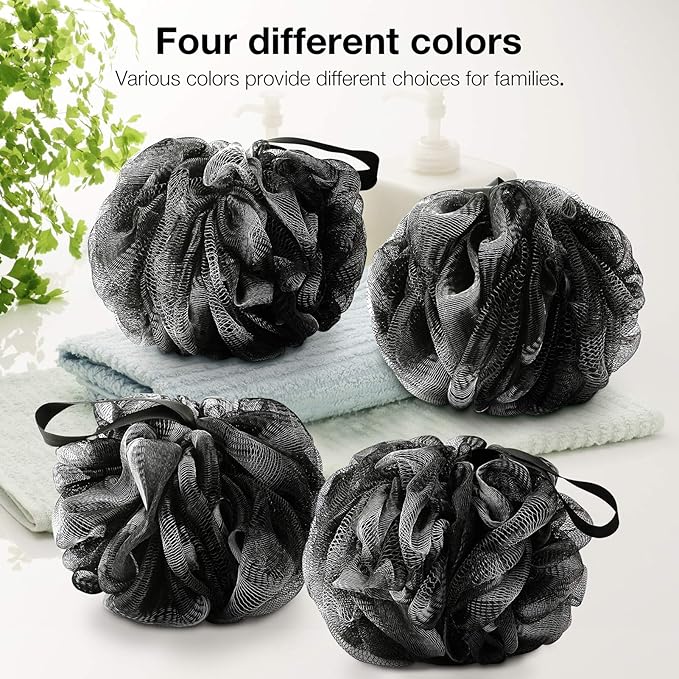 Bath Shower Loofah Sponge 60g Bath Mesh Pouf Shower Ball Body Scrubber Exfoliating Bath Sponge for Women and Men, Set of 4, Black