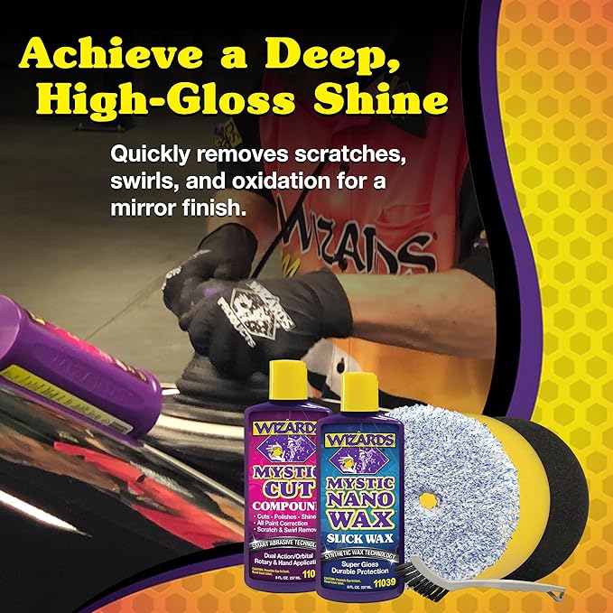 Wizards Buffing Polisher Kit – Foam Cutting Polishing Pads with Wax and Compound - Car Auto Body Scratch Remover - Orbital Buffer Attachment for Painted Surfaces - Paint Correction and Polishing