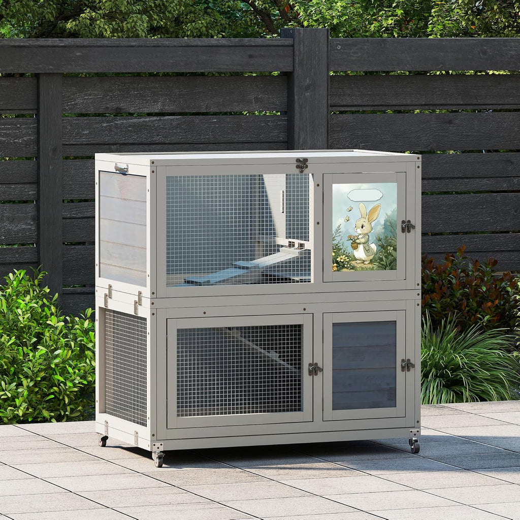 2-Story Wooden Rabbit Hutch for Outdoor & Indoor, Bunny Cage Rabbit House with Wheels, Trays, Ramp, Pet Home for Guinea Pigs, Chickens, Chicken Coop, Gray with Colorful Patterns