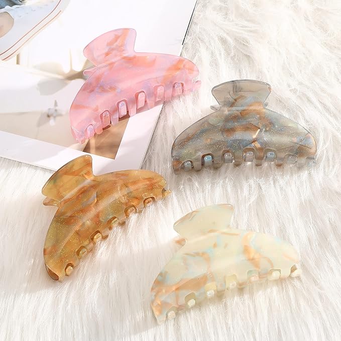 4Pcs Large Acrylic Hair Claw Clips - Strong Hold Thick Hair Banana Barrettes for Women Girls (Hair Clips, Banana(gray/champagne/green/pink))