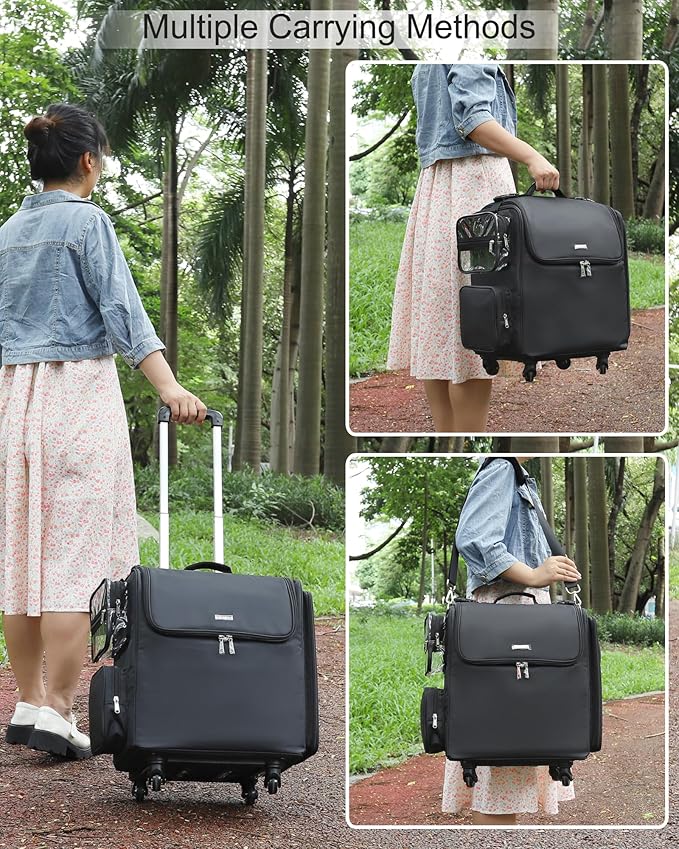 Relavel Rolling Makeup Train Case, Professional Hairstylist Traveling Bag with 4 Wheels & 2 Pouches, Adjustable Dividers, Heat Insulation Full Layer, Portable Cosmetics Storage Organizer Suitcase