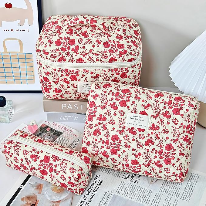 3Pcs Makeup Bag Cotton Quilted Travel Cosmetic Bag Cute Floral Makeup Pouch Large Toiletry Bag for Women Girls