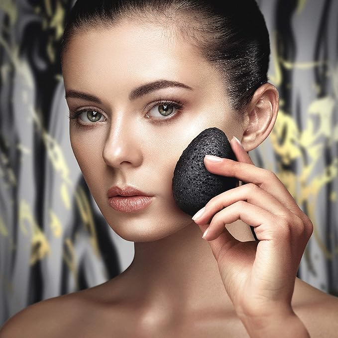 Konjac Sponge for Face | All Natural and Reusable | Konjac Facial Sponge with Activated Bamboo Charcoal | Gentle Exfoliating Sponge for Face | Cleaning for All Skin Types | Biodegradable - Black, 3pcs