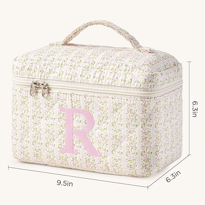 HBselect Initial Quilted Makeup Bag, Pink Cosmetic Travel Toiletry Bag, Flowers Coquette Zipper Make Up Pouch Organizer Teen Girl Gift Trendy Stuff R