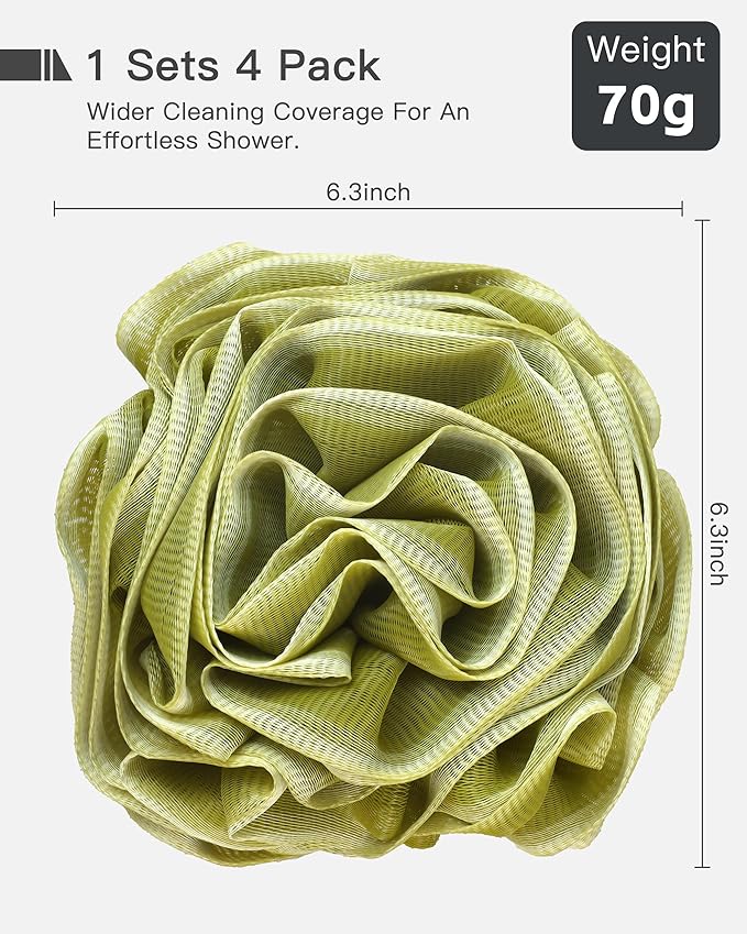 Loofah Sponge 70g, 6.3 Inch Large Exfoliating Bath Sponge, Soft Durable PE Mesh with Reinforced Knotting, Rich Lather Bath Scrubber for Body, for Travel or as a Holiday Gift (4Pack, Green, Red, Blue)