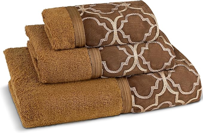 Zahari Home Spindle Modern Bathroom Towel Set - 3 Piece Bath, Hand, and Wash Towels - Classic Luxury Contemporary Decor - Beautiful Gold Unique Design Bath Ensemble