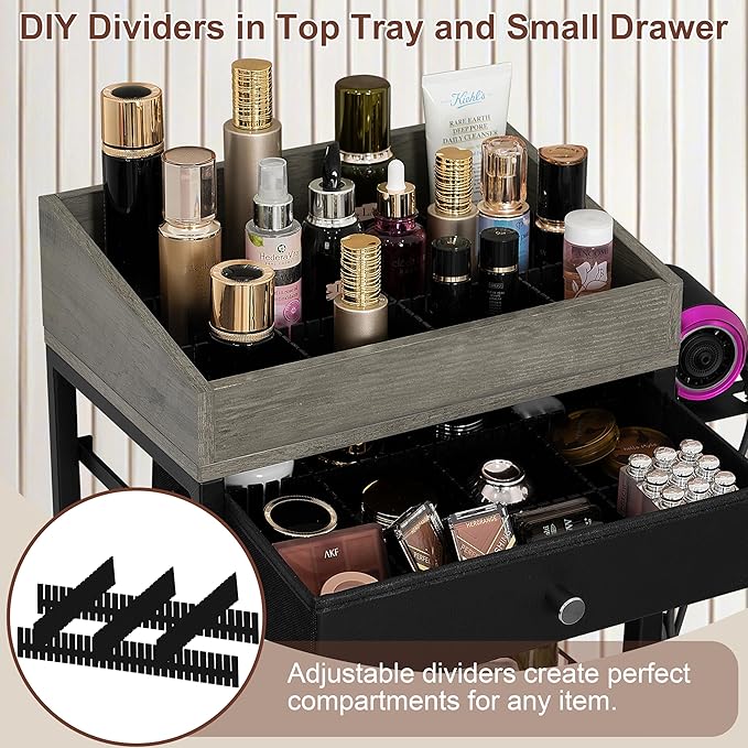 Makeup Organizer Cart with 3 Drawers & Detachable Hair Tool Holder, Rolling Cosmetic Storage Cart with Adjustable Dividers, Lockable Wheels for Bathroom, Bedroom Vanity, Black & Grey