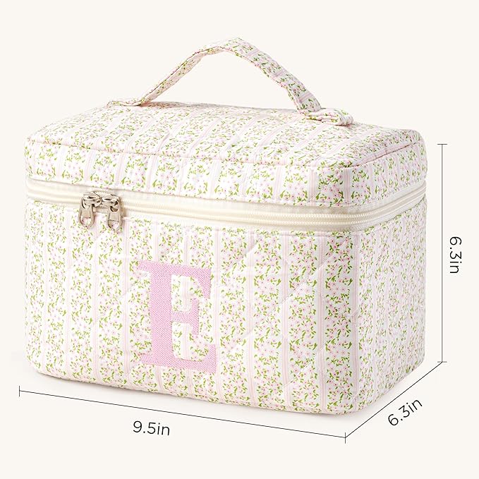 HBselect Initial Quilted Makeup Bag, Pink Cosmetic Travel Toiletry Bag, Flowers Coquette Zipper Make Up Pouch Organizer Teen Girl Gift Trendy Stuff E