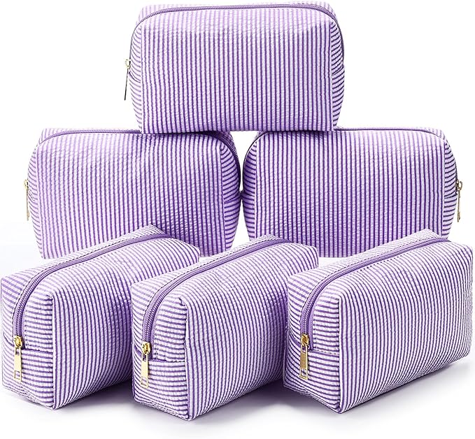 Sanwuta 6 Pcs Seersucker Cosmetic Bags Bulk Seersucker Makeup Bags Stripe Women Pouch Large Preppy Storage Pouch Toiletry Travel Organizer for Wedding Bridesmaid Bride Favor Mom Gift (Purple)