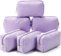 Sanwuta 6 Pcs Seersucker Cosmetic Bags Bulk Seersucker Makeup Bags Stripe Women Pouch Large Preppy Storage Pouch Toiletry Travel Organizer for Wedding Bridesmaid Bride Favor Mom Gift (Purple)