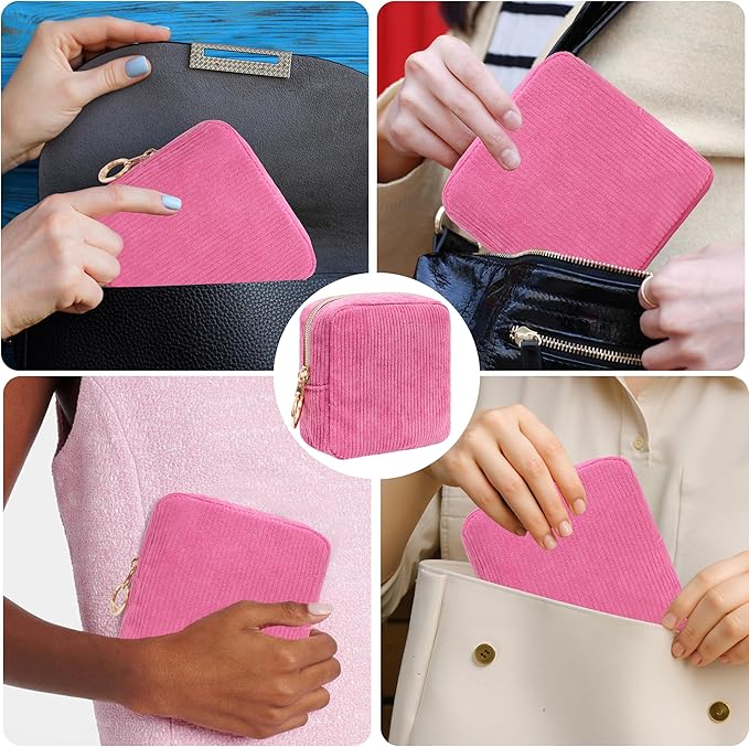 Period Bag for Girls, Corduroy Sanitary Napkin Storage Bag, Period Pouch & Tampon Holder, Feminine Care Organizer（Rose Red）
