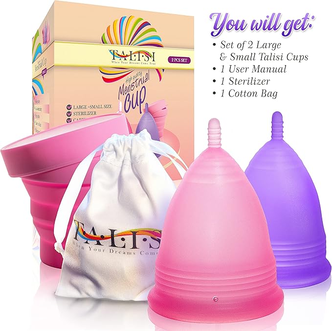 Talisi Menstrual Cups Set of 2 (Small & Large) Super Soft Reusable Period Kit with Collapsible Silicone Sterilizer Case, Storage Bag Menstruation Feminine Copa for Teens, Beginners, Heavy Flow